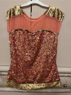 Girls' Coral Sequin Party Top with Gold Trim